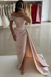 Off-the-Shoulder Satin Long Prom Dress with Sequin-27dress